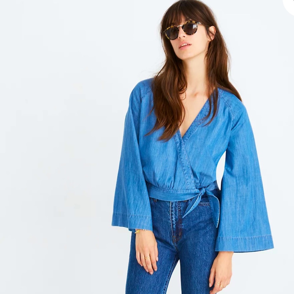 Madewell Denim Bell-Sleeve Wrap Top Sz Large